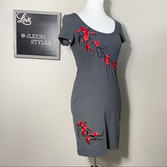 Custom Red Cherry Blossoms Gray Mini Knit Dress Sm - Picture 2 of 8